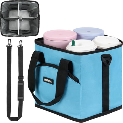 Reusable Insulated 4-Cup Drink Carrier with Handle, Blue | Collapsible beverage bag, no-spill base, adjustable dividers & shoulder strap, portable caddy for delivery, car and travel