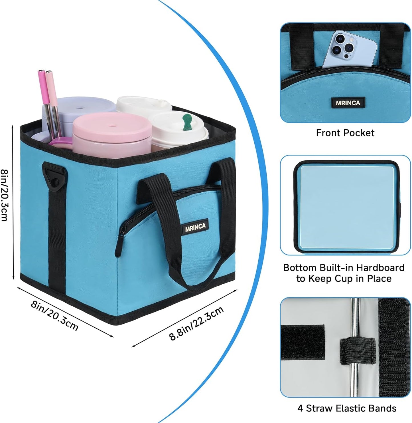 Reusable Insulated 4-Cup Drink Carrier with Handle, Blue | Collapsible beverage bag, no-spill base, adjustable dividers & shoulder strap, portable caddy for delivery, car and travel
