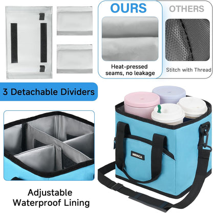 Reusable Insulated 4-Cup Drink Carrier with Handle, Blue | Collapsible beverage bag, no-spill base, adjustable dividers & shoulder strap, portable caddy for delivery, car and travel