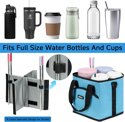 Reusable Insulated 4-Cup Drink Carrier with Handle, Blue | Collapsible beverage bag, no-spill base, adjustable dividers & shoulder strap, portable caddy for delivery, car and travel