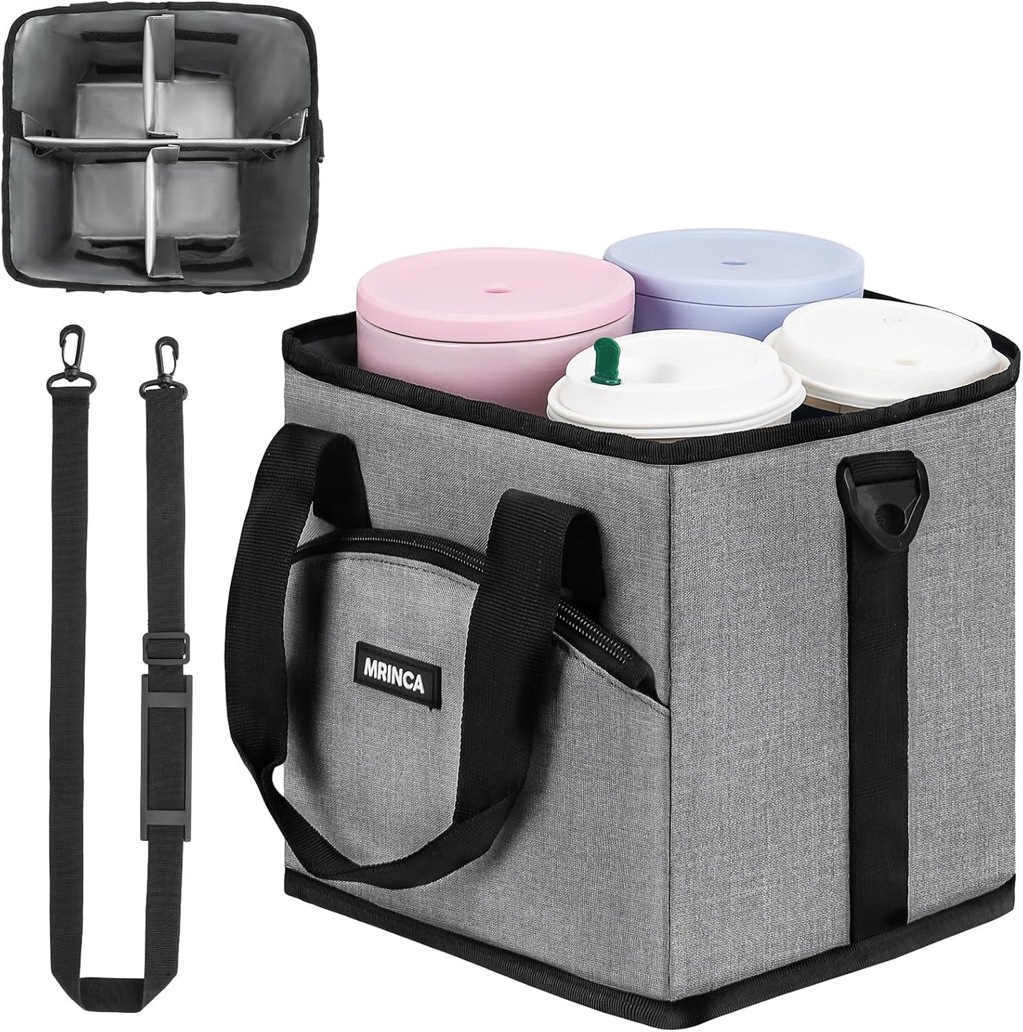 Reusable Insulated 4-Cup Drink Carrier with Handle, Blue | Collapsible beverage bag, no-spill base, adjustable dividers & shoulder strap, portable caddy for delivery, car and travel