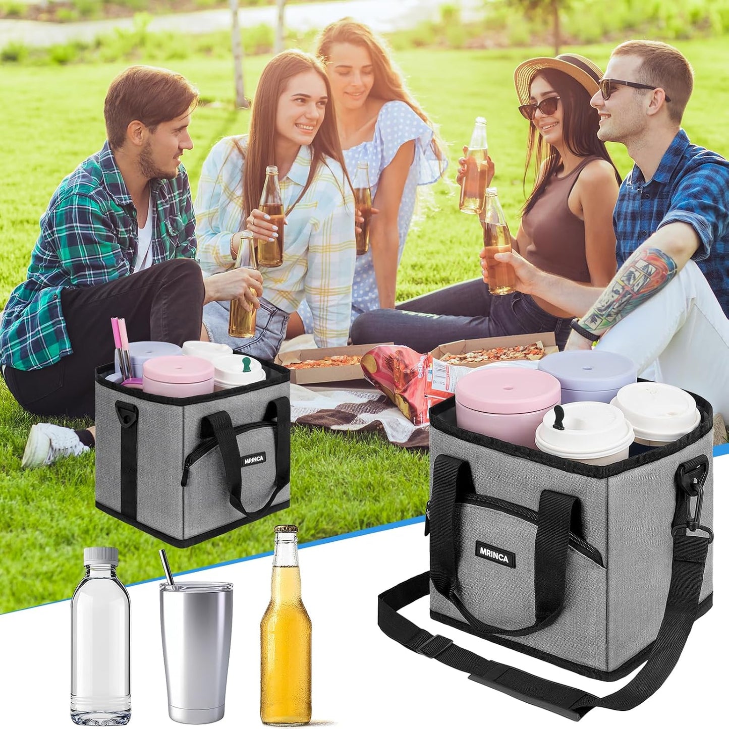 Reusable Insulated 4-Cup Drink Carrier with Handle, Blue | Collapsible beverage bag, no-spill base, adjustable dividers & shoulder strap, portable caddy for delivery, car and travel