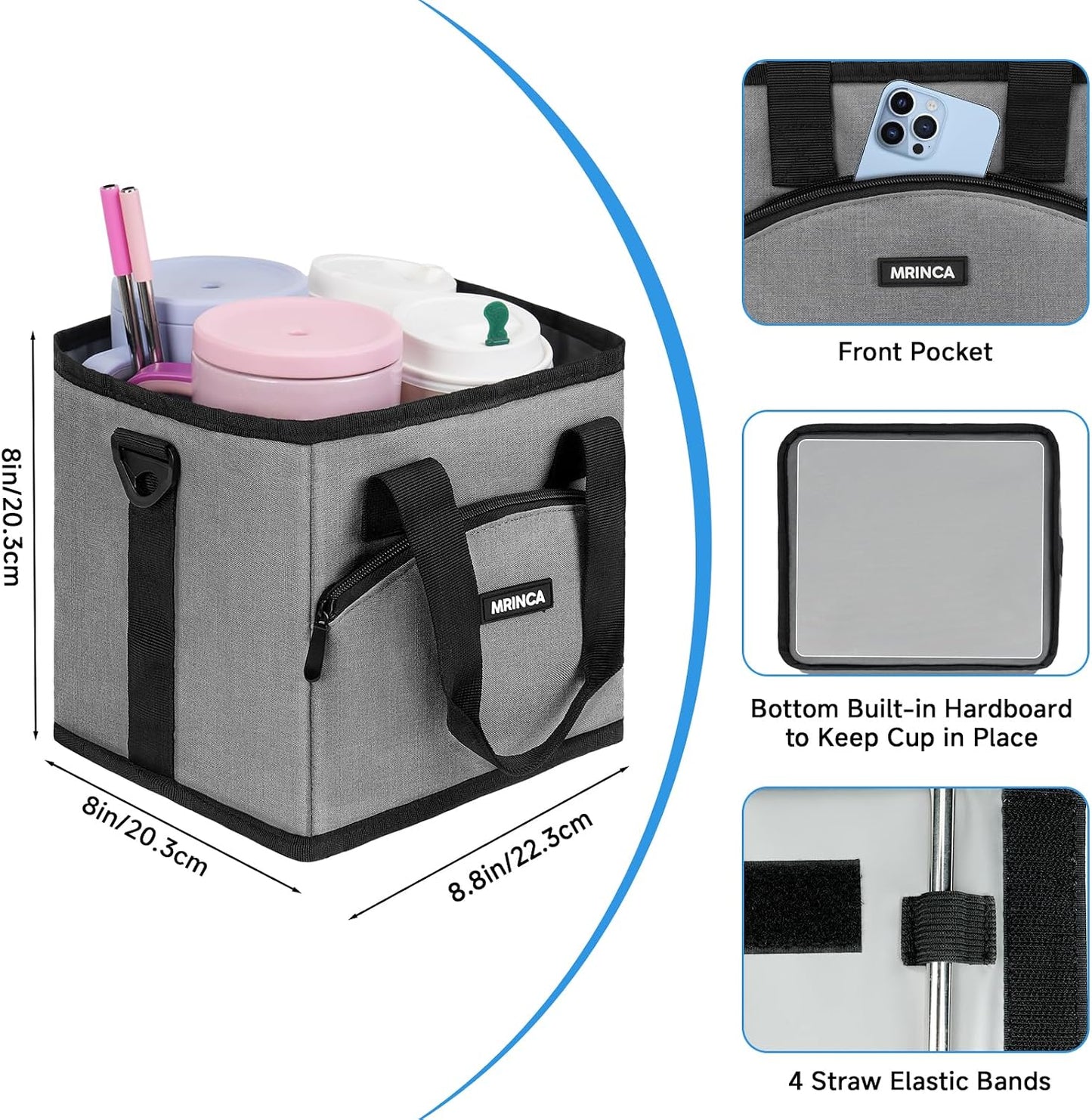 Reusable Insulated 4-Cup Drink Carrier with Handle, Blue | Collapsible beverage bag, no-spill base, adjustable dividers & shoulder strap, portable caddy for delivery, car and travel