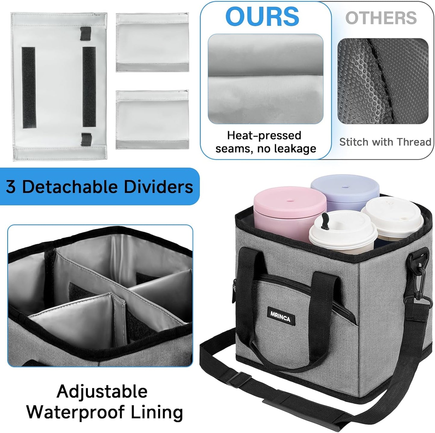 Reusable Insulated 4-Cup Drink Carrier with Handle, Blue | Collapsible beverage bag, no-spill base, adjustable dividers & shoulder strap, portable caddy for delivery, car and travel