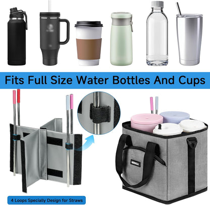 Reusable Insulated 4-Cup Drink Carrier with Handle, Blue | Collapsible beverage bag, no-spill base, adjustable dividers & shoulder strap, portable caddy for delivery, car and travel