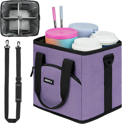 Reusable Insulated 4-Cup Drink Carrier with Handle, Blue | Collapsible beverage bag, no-spill base, adjustable dividers & shoulder strap, portable caddy for delivery, car and travel
