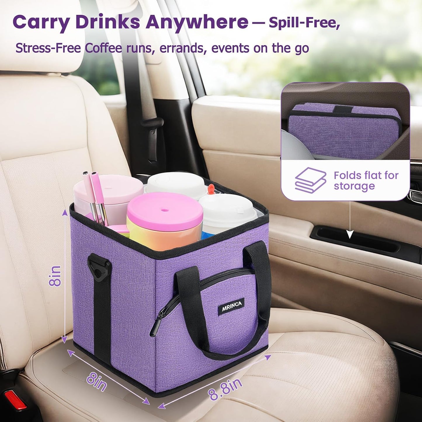 Reusable Insulated 4-Cup Drink Carrier with Handle, Blue | Collapsible beverage bag, no-spill base, adjustable dividers & shoulder strap, portable caddy for delivery, car and travel