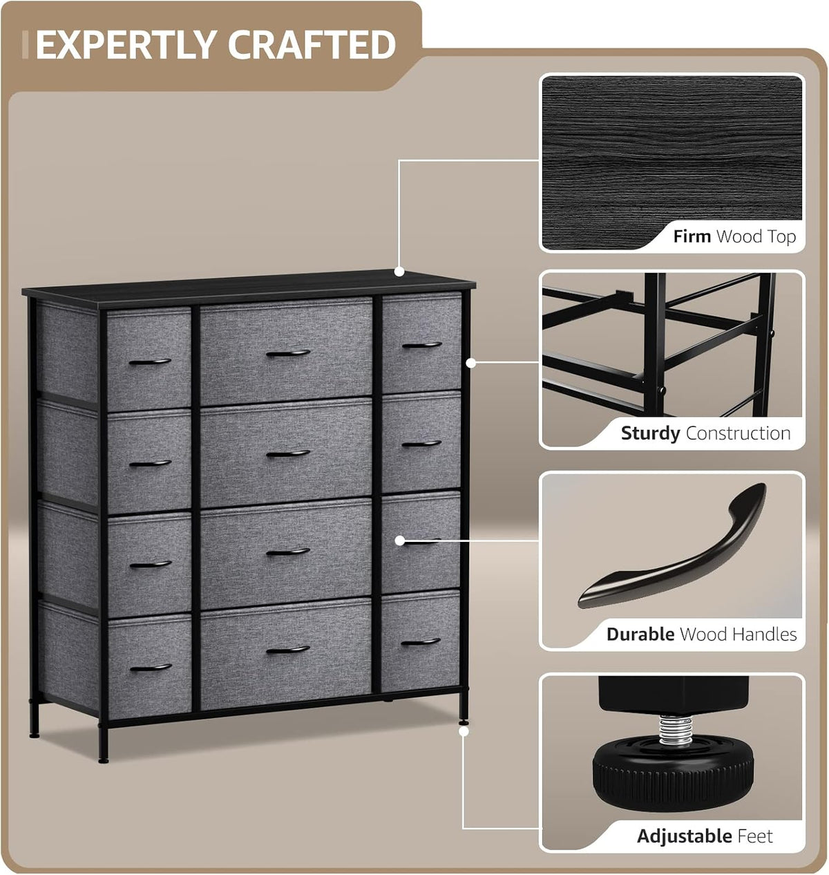 Dresser for Bedroom, Wood Top (6 Drawer, Gray Wood)