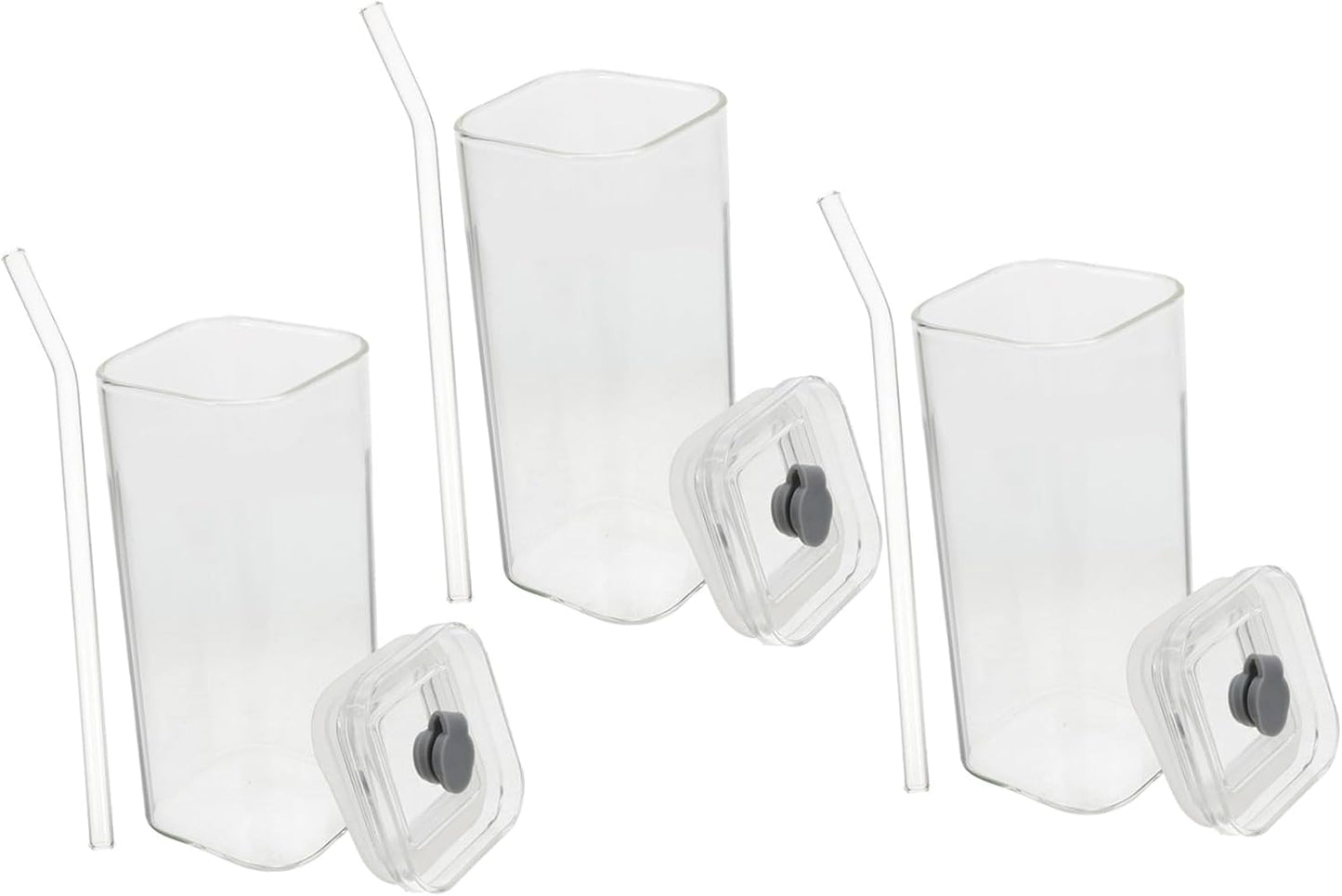 3 Sets Clear Square Glass Cups with Lids and Straws Transparent Glass Tumblers for Iced Drinks Milk Travel-friendly Portable Office and Outdoor Use