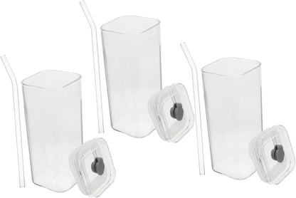 3 Sets Clear Square Glass Cups with Lids and Straws Transparent Glass Tumblers for Iced Drinks Milk Travel-friendly Portable Office and Outdoor Use