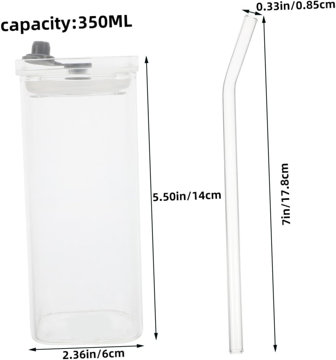 3 Sets Clear Square Glass Cups with Lids and Straws Transparent Glass Tumblers for Iced Drinks Milk Travel-friendly Portable Office and Outdoor Use