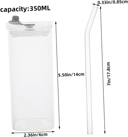 3 Sets Clear Square Glass Cups with Lids and Straws Transparent Glass Tumblers for Iced Drinks Milk Travel-friendly Portable Office and Outdoor Use