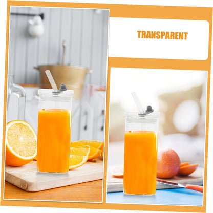 3 Sets Clear Square Glass Cups with Lids and Straws Transparent Glass Tumblers for Iced Drinks Milk Travel-friendly Portable Office and Outdoor Use