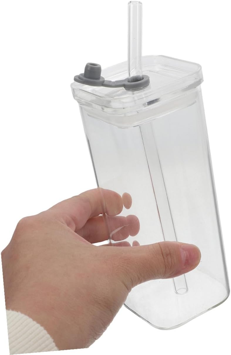3 Sets Clear Square Glass Cups with Lids and Straws Transparent Glass Tumblers for Iced Drinks Milk Travel-friendly Portable Office and Outdoor Use