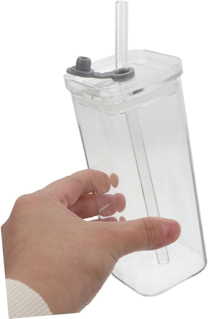 3 Sets Clear Square Glass Cups with Lids and Straws Transparent Glass Tumblers for Iced Drinks Milk Travel-friendly Portable Office and Outdoor Use