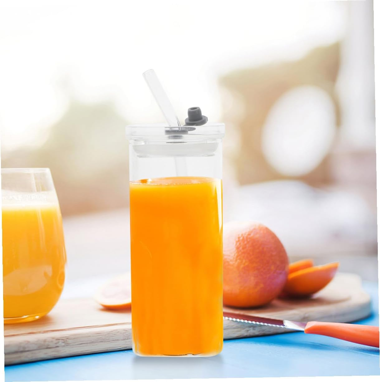 3 Sets Clear Square Glass Cups with Lids and Straws Transparent Glass Tumblers for Iced Drinks Milk Travel-friendly Portable Office and Outdoor Use