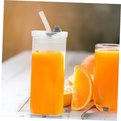 3 Sets Clear Square Glass Cups with Lids and Straws Transparent Glass Tumblers for Iced Drinks Milk Travel-friendly Portable Office and Outdoor Use