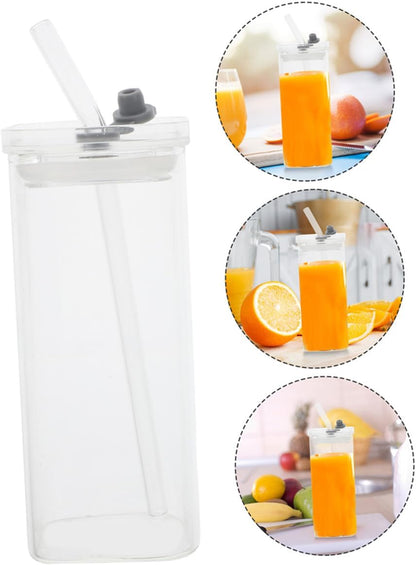 3 Sets Clear Square Glass Cups with Lids and Straws Transparent Glass Tumblers for Iced Drinks Milk Travel-friendly Portable Office and Outdoor Use