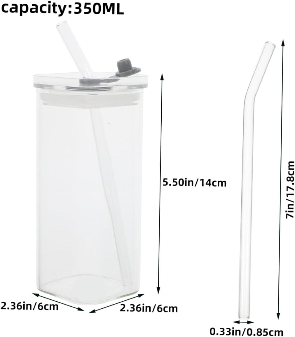 3 Sets Clear Square Glass Cups with Lids and Straws Transparent Glass Tumblers for Iced Drinks Milk Travel-friendly Portable Office and Outdoor Use