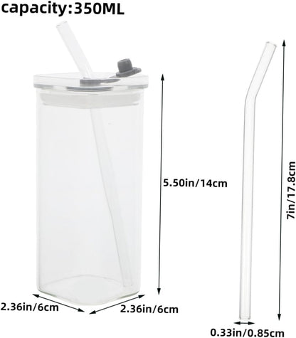 3 Sets Clear Square Glass Cups with Lids and Straws Transparent Glass Tumblers for Iced Drinks Milk Travel-friendly Portable Office and Outdoor Use