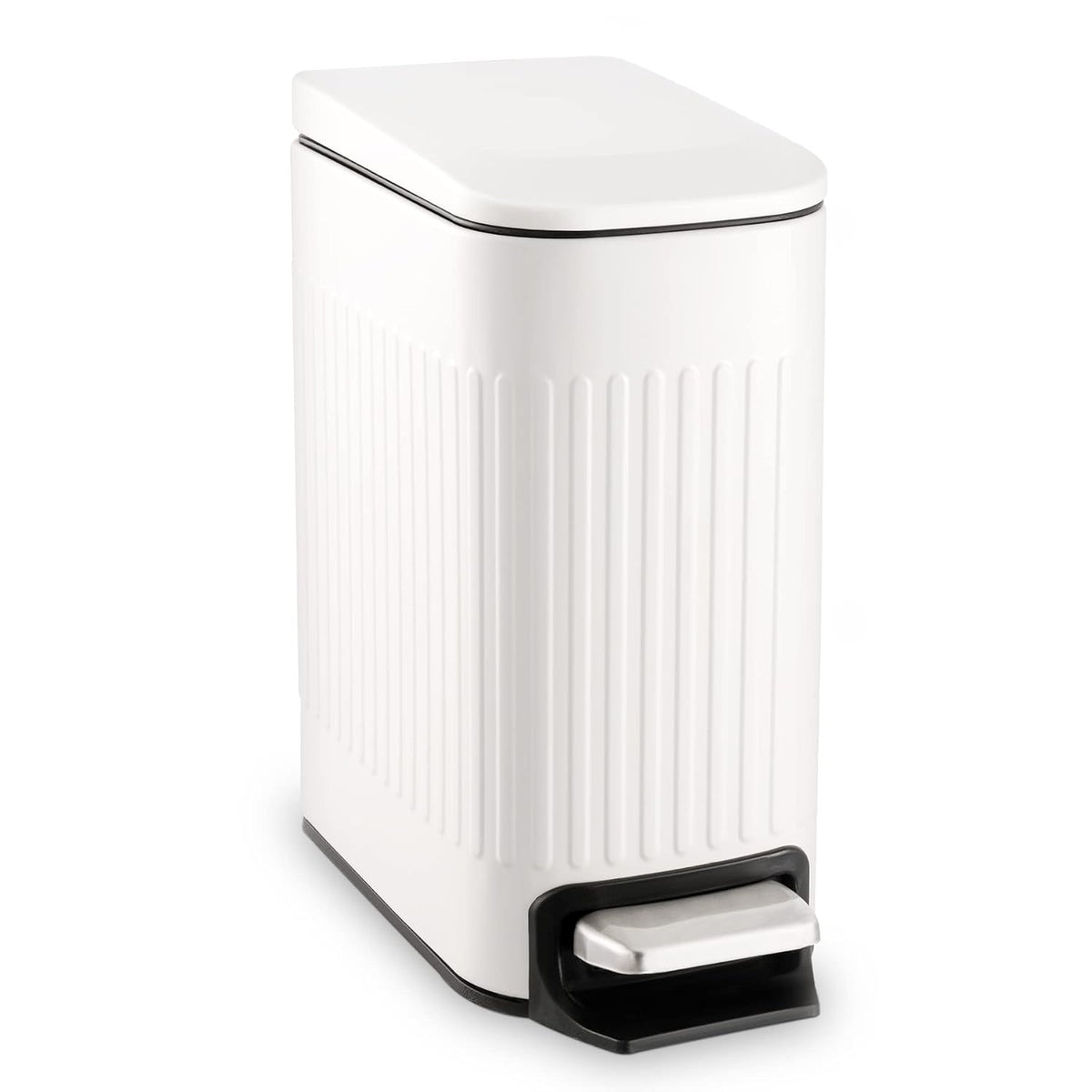 Slim Bathroom Trash Can with Lid Soft Close & Pedal, 1.6Gal, White