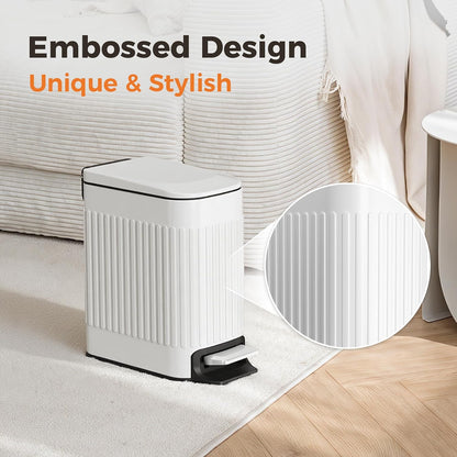 Slim Bathroom Trash Can with Lid Soft Close & Pedal, 1.6Gal, White