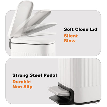 Slim Bathroom Trash Can with Lid Soft Close & Pedal, 1.6Gal, White