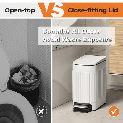 Slim Bathroom Trash Can with Lid Soft Close & Pedal, 1.6Gal, White