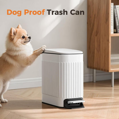 Slim Bathroom Trash Can with Lid Soft Close & Pedal, 1.6Gal, White