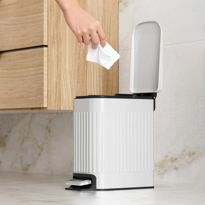 Slim Bathroom Trash Can with Lid Soft Close & Pedal, 1.6Gal, White
