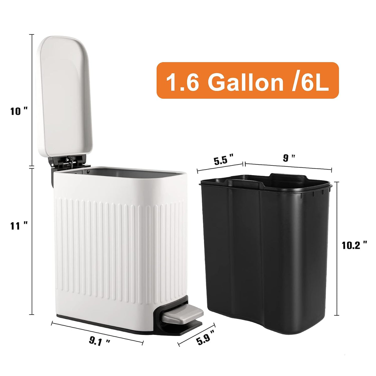 Slim Bathroom Trash Can with Lid Soft Close & Pedal, 1.6Gal, White