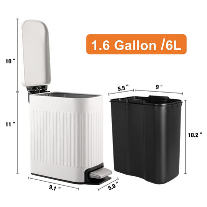 Slim Bathroom Trash Can with Lid Soft Close & Pedal, 1.6Gal, White