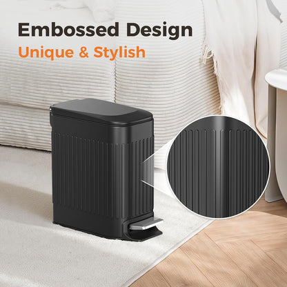 Slim Bathroom Trash Can with Lid Soft Close & Pedal, 1.6Gal, White