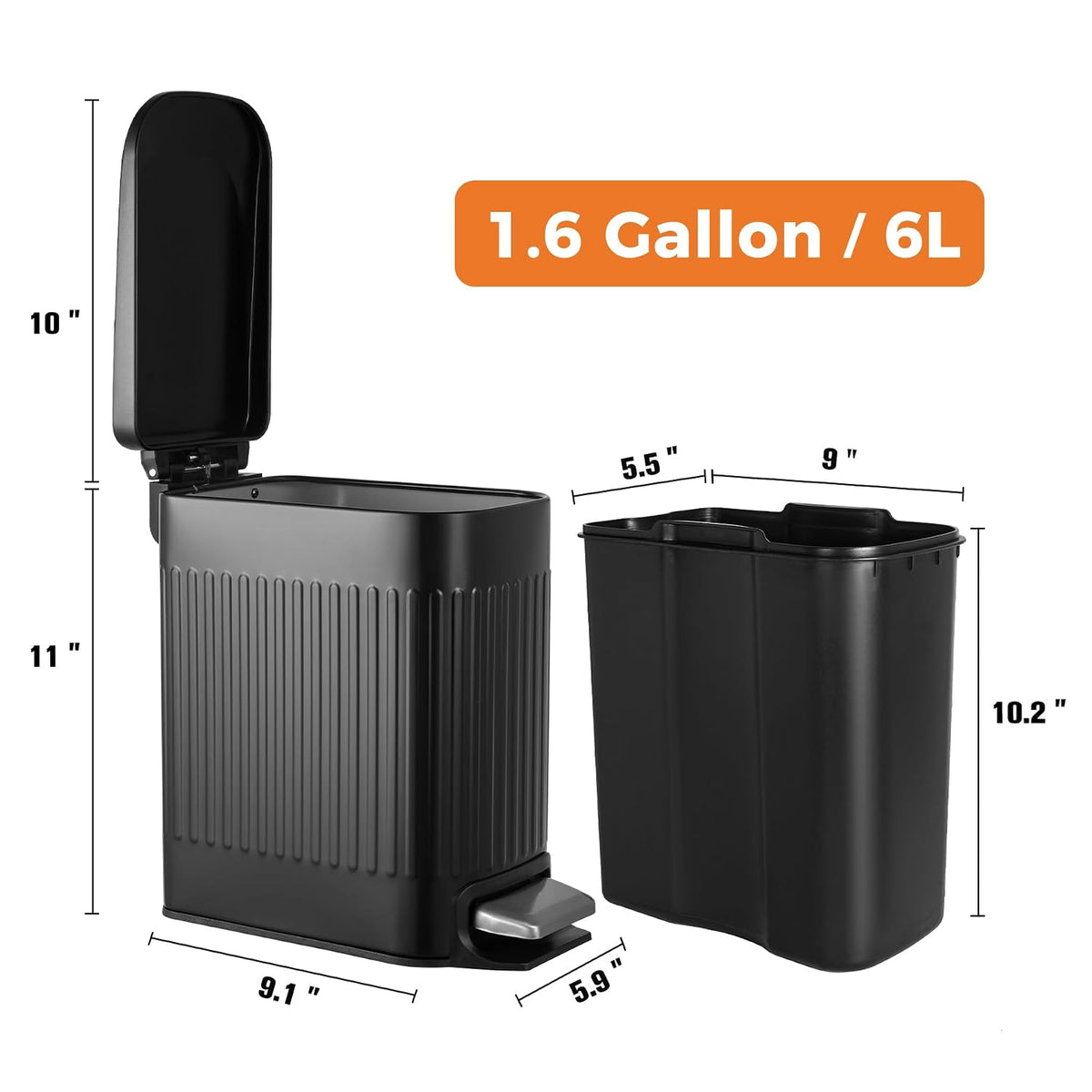 Slim Bathroom Trash Can with Lid Soft Close & Pedal, 1.6Gal, White