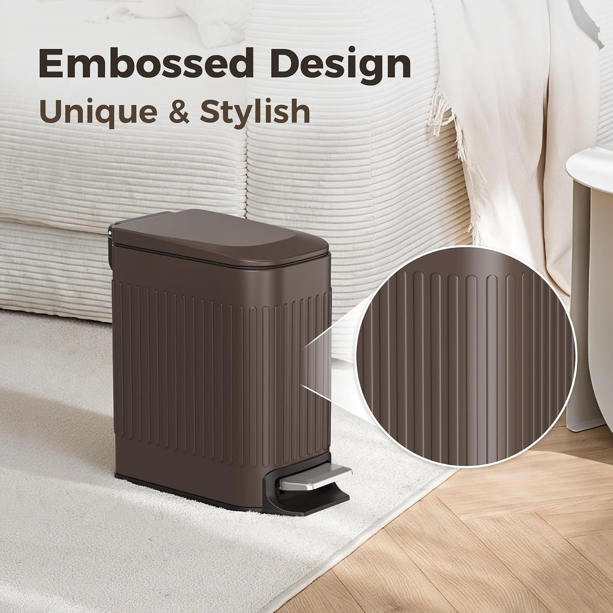 Slim Bathroom Trash Can with Lid Soft Close & Pedal, 1.6Gal, White