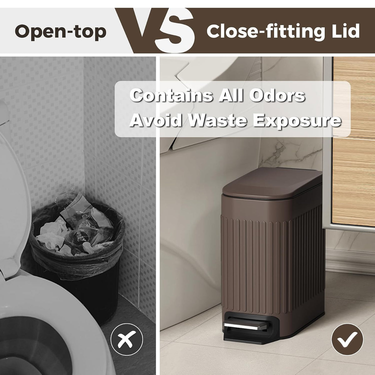 Slim Bathroom Trash Can with Lid Soft Close & Pedal, 1.6Gal, White