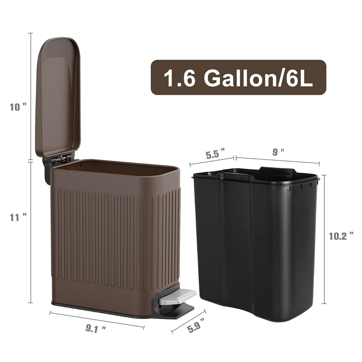 Slim Bathroom Trash Can with Lid Soft Close & Pedal, 1.6Gal, White