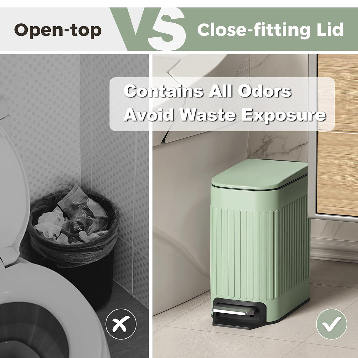 Slim Bathroom Trash Can with Lid Soft Close & Pedal, 1.6Gal, White