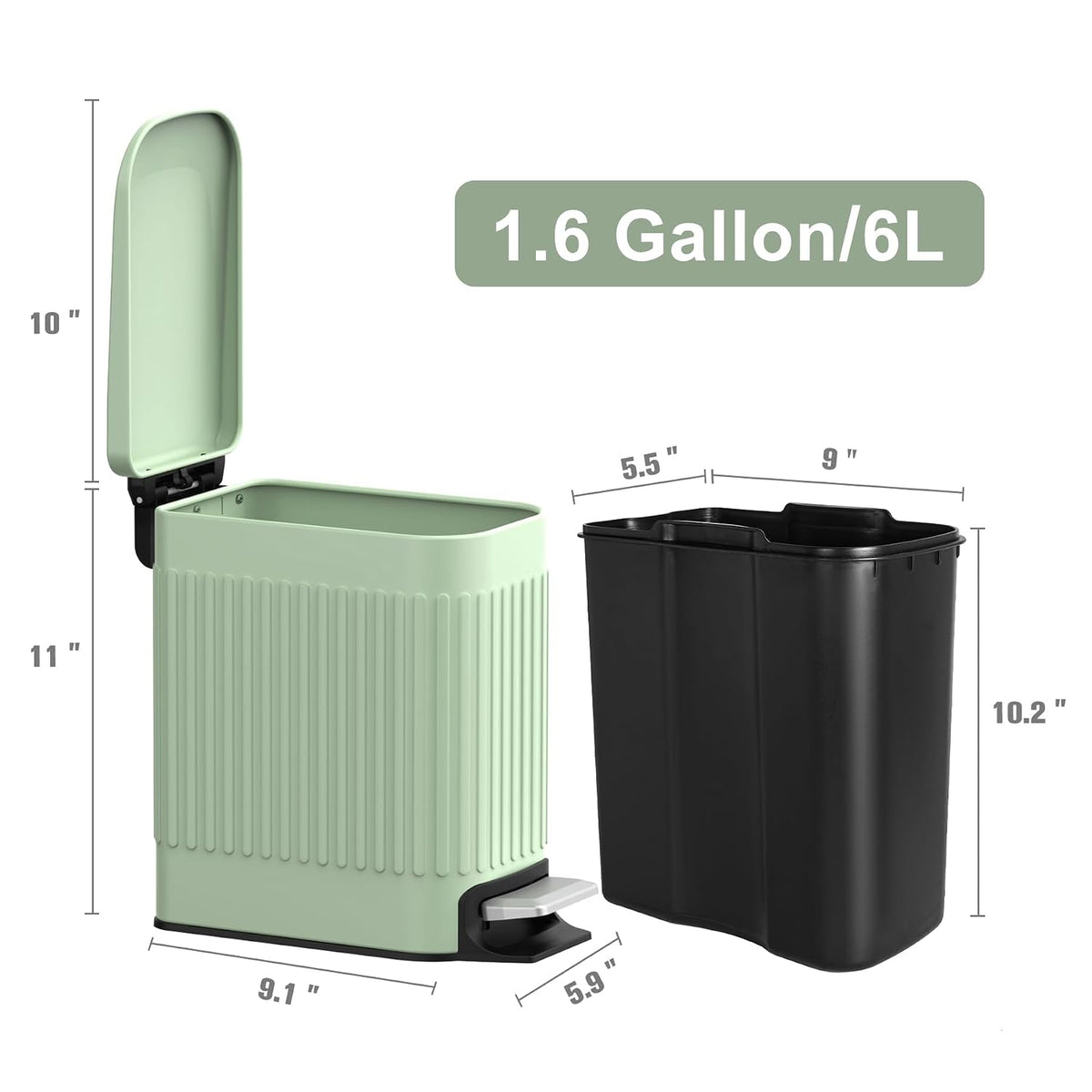 Slim Bathroom Trash Can with Lid Soft Close & Pedal, 1.6Gal, White