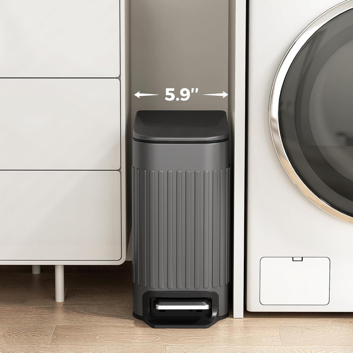 Slim Bathroom Trash Can with Lid Soft Close & Pedal, 1.6Gal, White