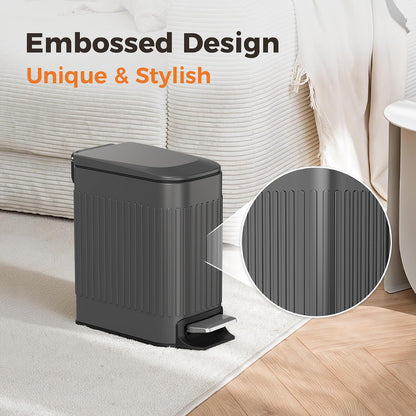 Slim Bathroom Trash Can with Lid Soft Close & Pedal, 1.6Gal, White