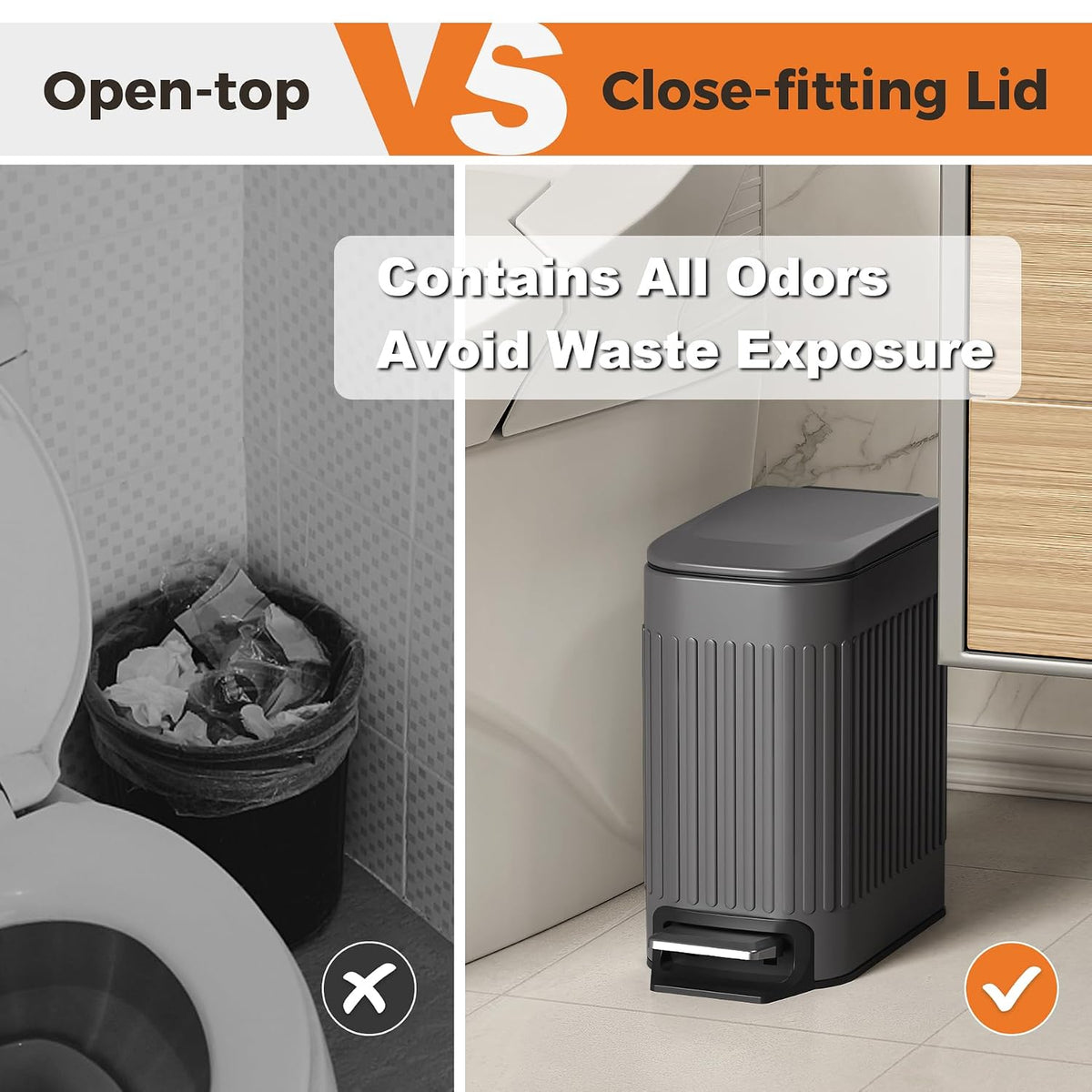 Slim Bathroom Trash Can with Lid Soft Close & Pedal, 1.6Gal, White