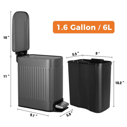 Slim Bathroom Trash Can with Lid Soft Close & Pedal, 1.6Gal, White