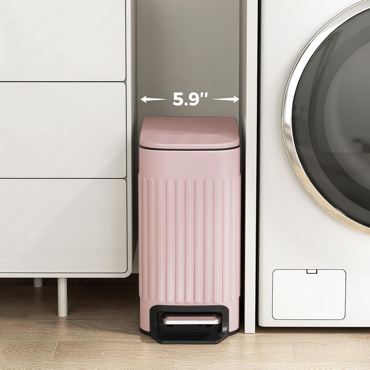 Slim Bathroom Trash Can with Lid Soft Close & Pedal, 1.6Gal, White