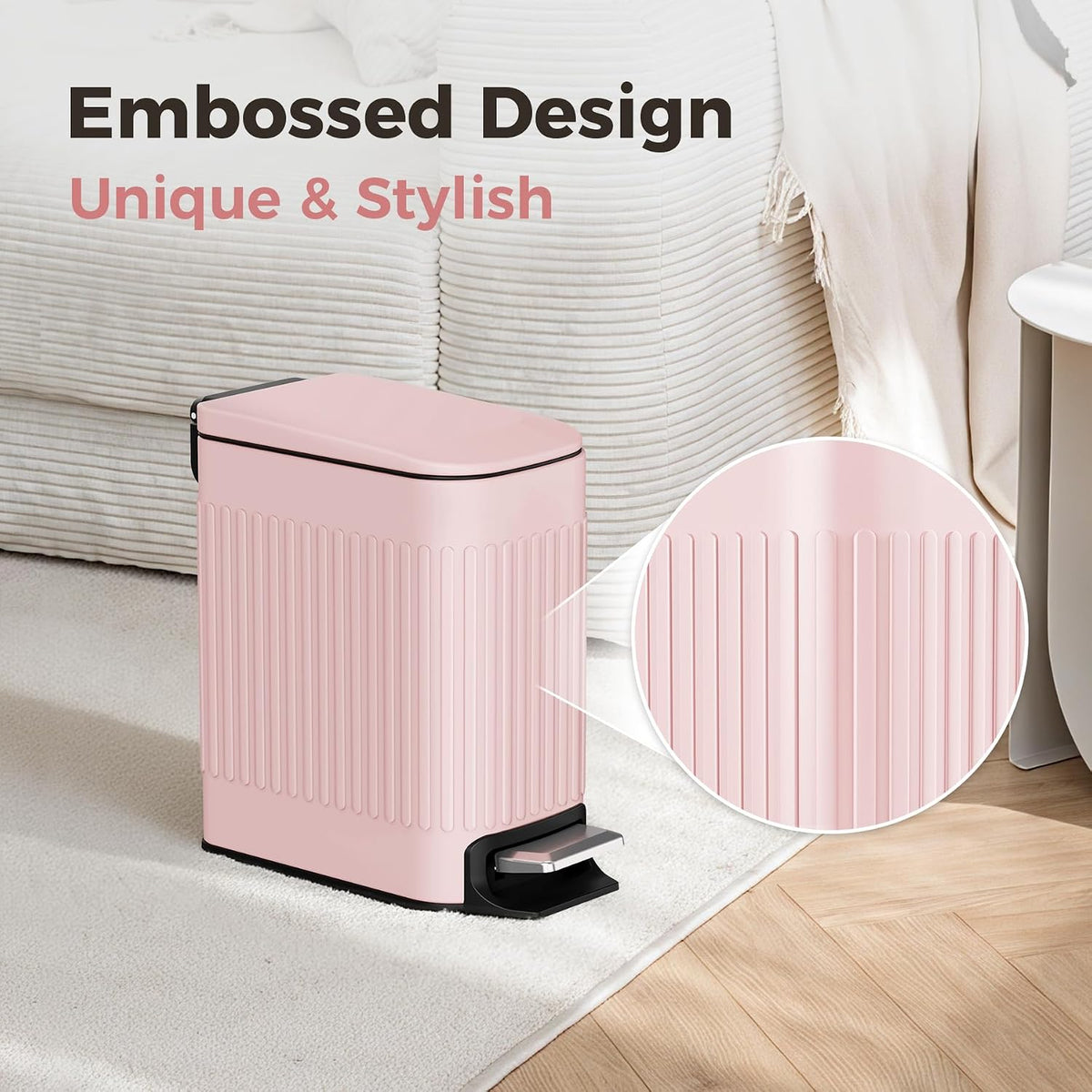 Slim Bathroom Trash Can with Lid Soft Close & Pedal, 1.6Gal, White
