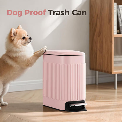 Slim Bathroom Trash Can with Lid Soft Close & Pedal, 1.6Gal, White