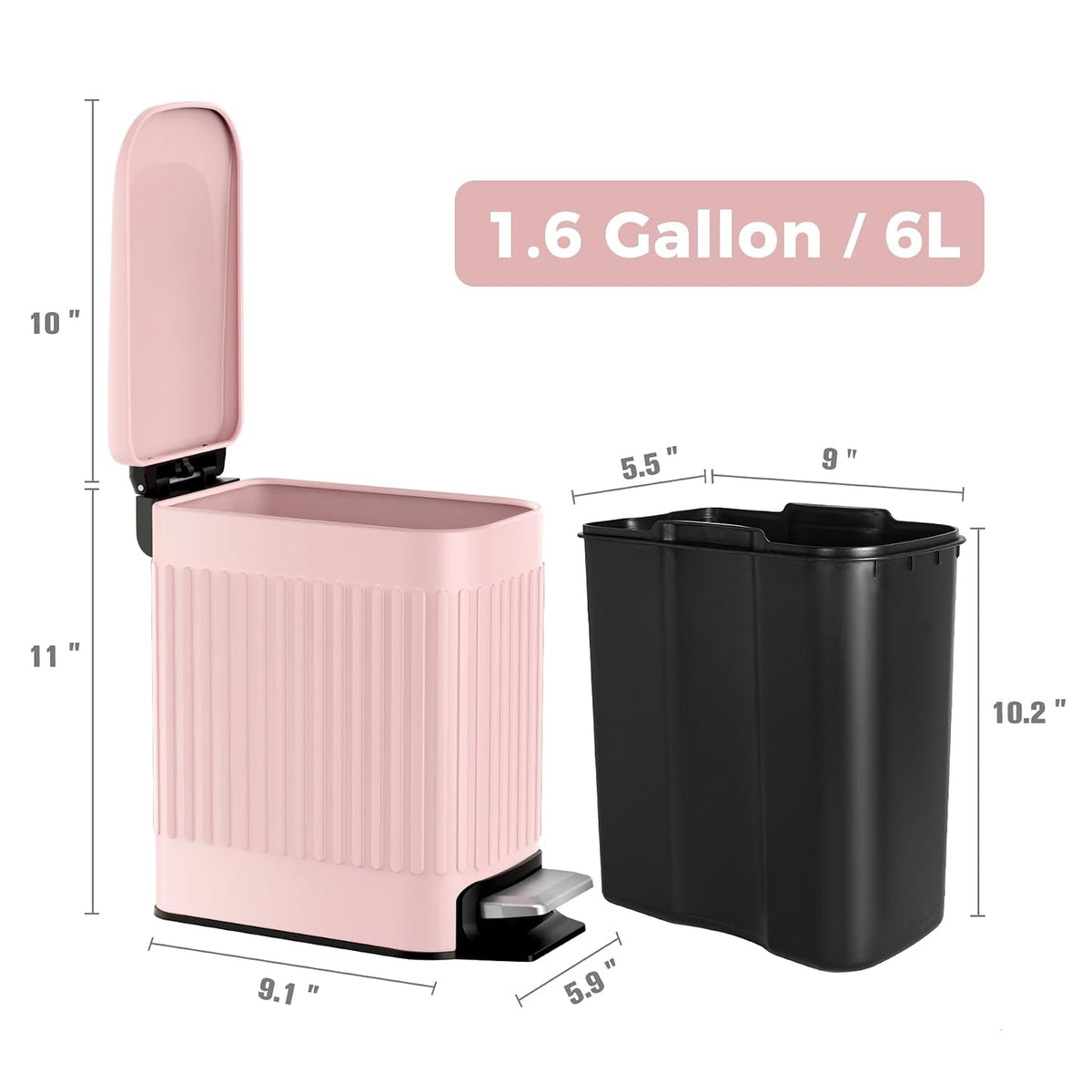 Slim Bathroom Trash Can with Lid Soft Close & Pedal, 1.6Gal, White