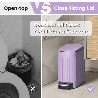 Slim Bathroom Trash Can with Lid Soft Close & Pedal, 1.6Gal, White