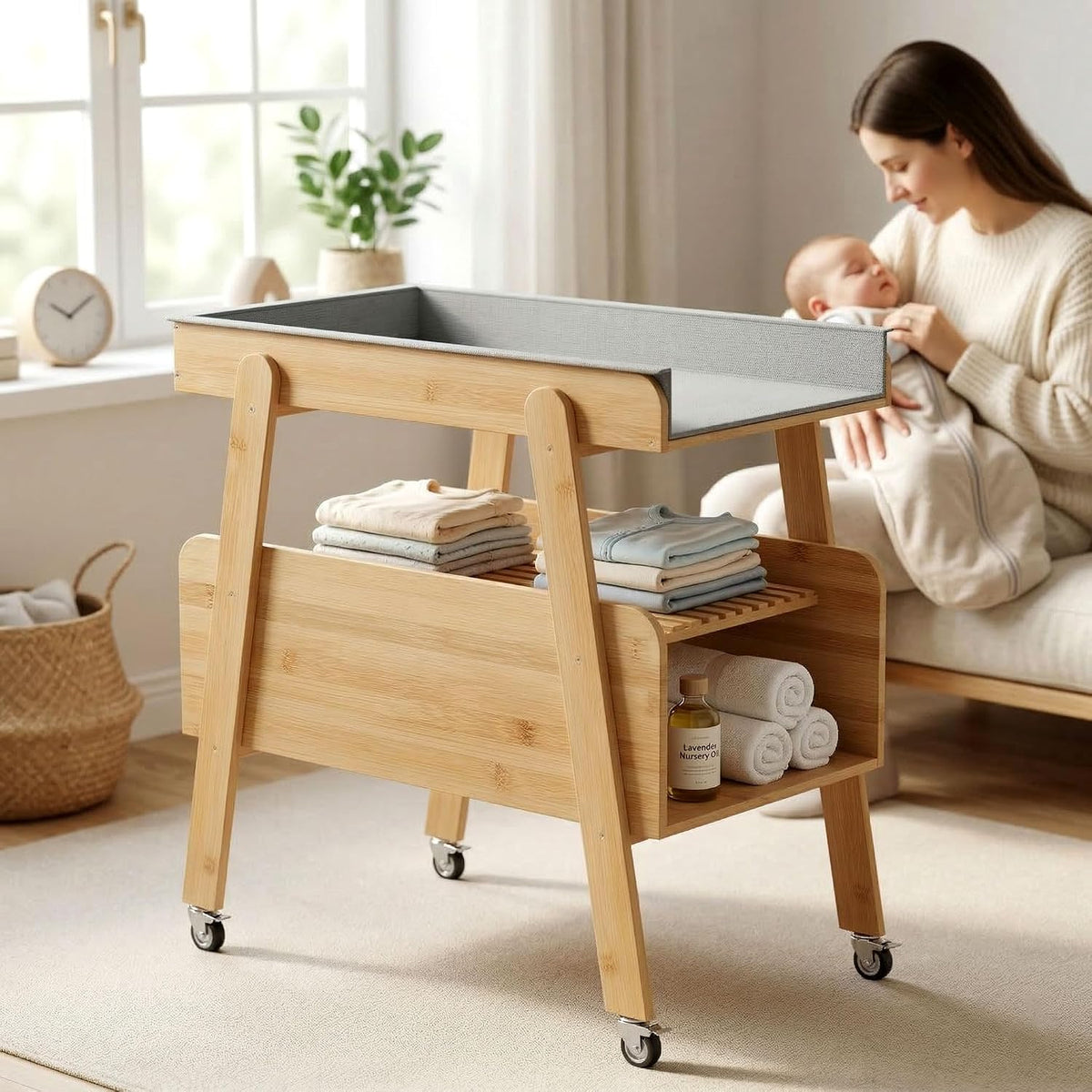 Diaper Changing Station Baby Flat Top Changing Table with Wheels and Changing Pad Nursery Organizer & Storage Rack Mobile Nursery Diaper Changing Table for Baby, Newborn (Nature)