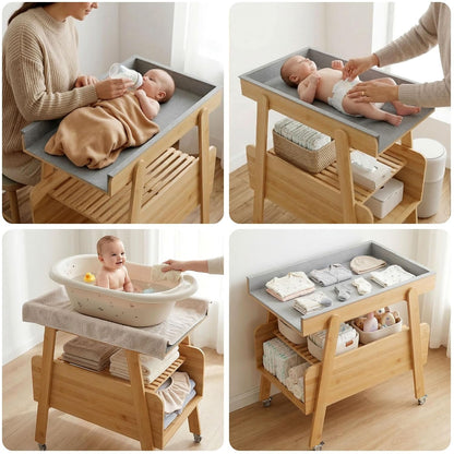 Diaper Changing Station Baby Flat Top Changing Table with Wheels and Changing Pad Nursery Organizer & Storage Rack Mobile Nursery Diaper Changing Table for Baby, Newborn (Nature)